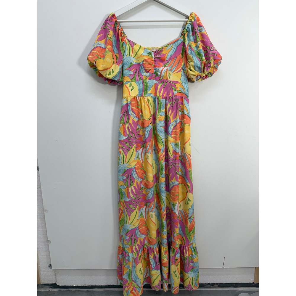 Skies Are Blue Maxi Dress Small Tropical Floral Puff Sleeve Smocked Back Pocket